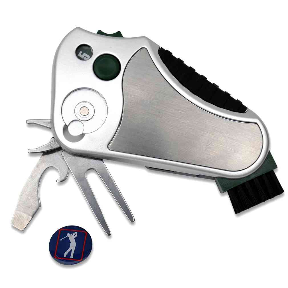 Golf multi tool shown including a Ball Marker, Brush, Stroke Counter, Cleat Tightener, Club Groove Cleaner (Divot Repair tool), and Bottle Opener with Screwdriver, Best golfers tool