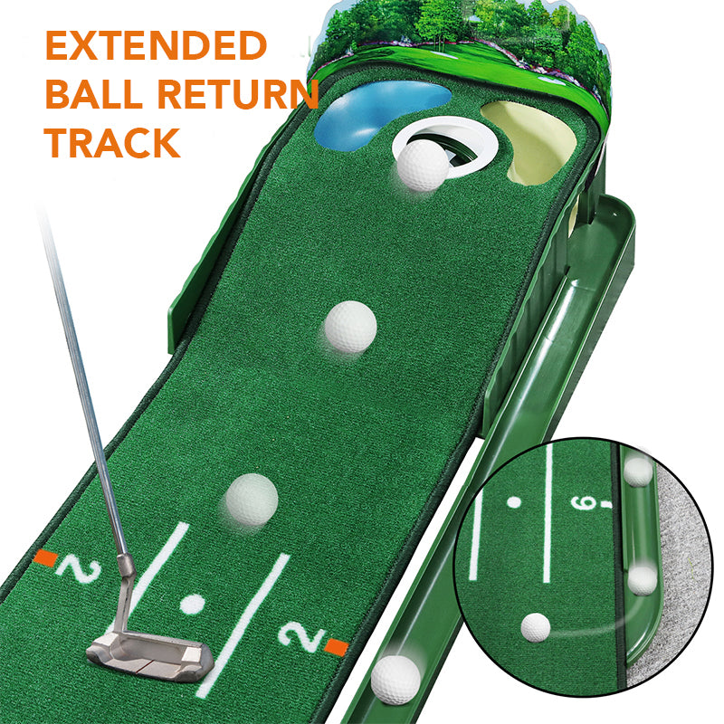 The hazard deluxe putting mat includes simulated water and bunker hazards and features a back hedge to prevent the ball from falling over the end; replicates real golf course conditions to improve putting skills in varied scenarios, Best putting mat with hazards