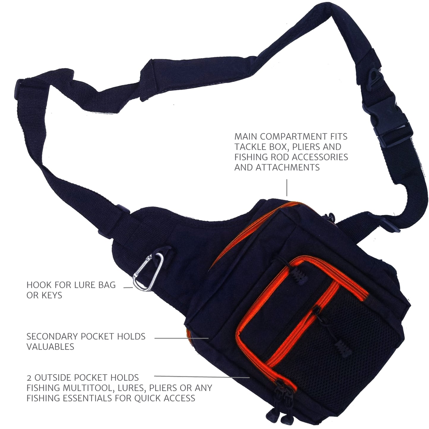 The fisherman's sling shoulder tackle bag has various features such as a hook for lure bags or keys, a secondary pocket for valuables, a main compartment for a tackle box, pliers, rod accessories, attachments and more, and 2 outside pockets for a fishing multitool, lures, pliers or other fishing essentials for quick access, Best storage sling bag for fishers