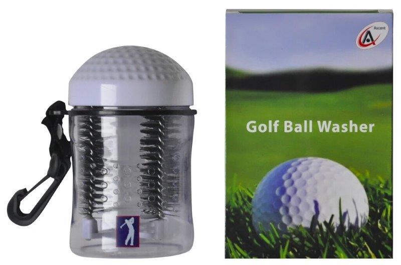 Golf ball washer next to it's packaging showcasing the carabiner that can be attached to clean on the go, Best portable golf ball cleaner