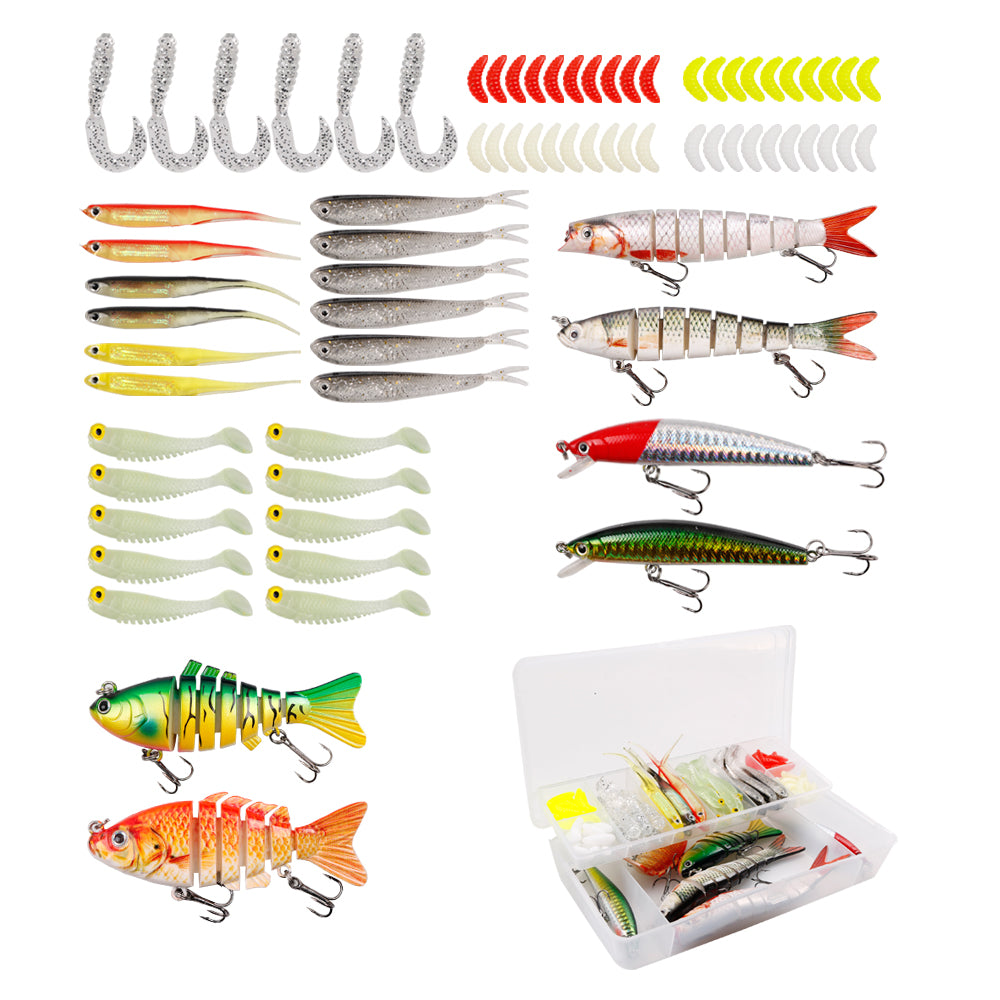 The 74 pcs fishing lures kit includes 74 Assorted Lures, multi-jointed lures, crank baits, worms, soft baits, swim baits, and more, Best lures kit