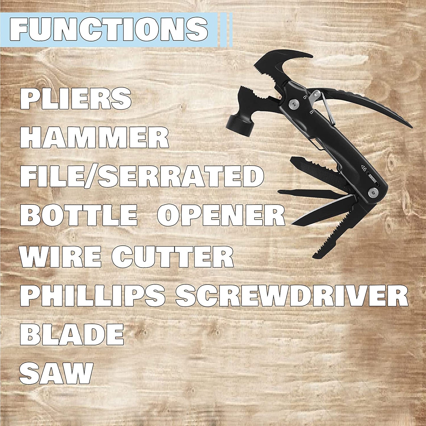 The 8-In-1 handyman multitool showcasing it's features which include pliers, a hammer, a file, a bottle opener, a wire cutter, a philips screwdriver, a blade and a saw, Best plier multi tool