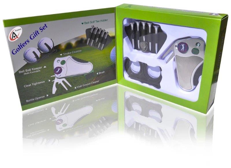 Golfers gift with belt ball keeper, bottle opener, cleat tightener, stroke counter and more