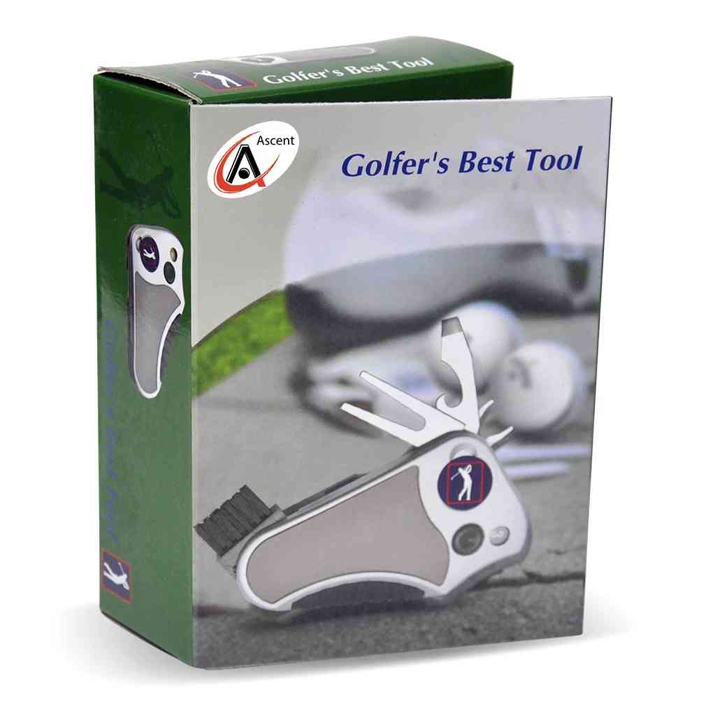 Golf multi tool pakcaging shown with various useful features and a compact and simple design, Golfer's best tool