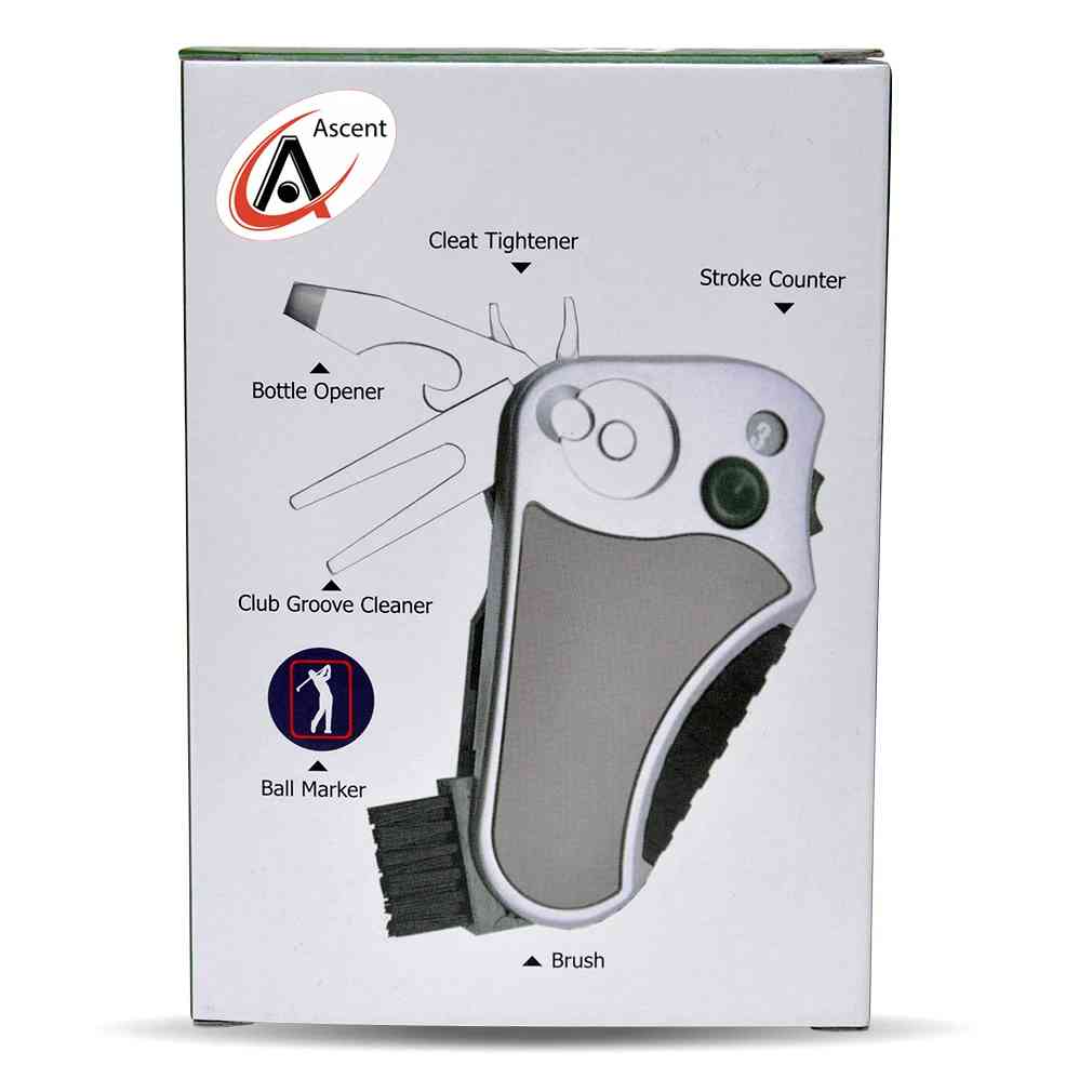 Diagram of golf multitool with features such as a cleat tightener, bottle opener, club groove cleaner, stroke counter, brush and a ball marker, Best tool for golf