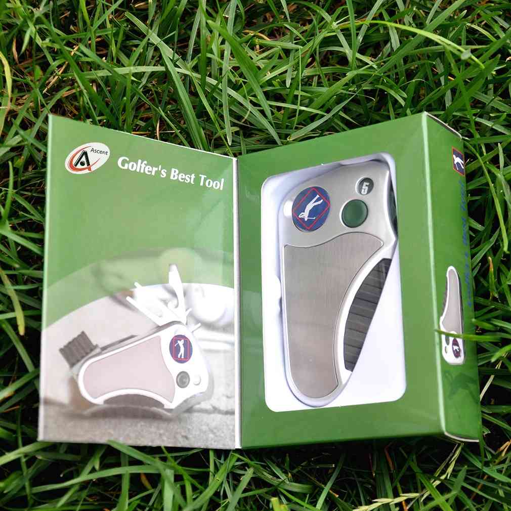 Golf multi tool shown with a strong aluminium belt clip to attach to your belt, Best portable golf tool