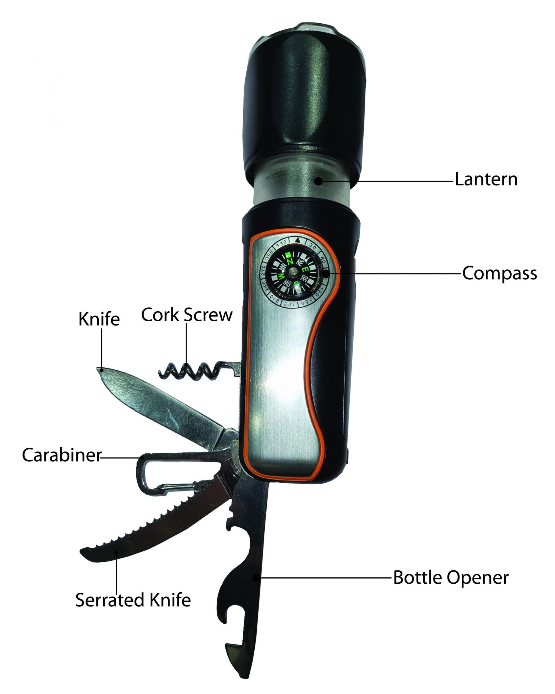 The 11-In-1 camping multi tool features a lantern, compass, cork screw, knife, carabiner, serrated knife and a bottle opener, having all the essentials you may need when camping, Best multi tool for campers