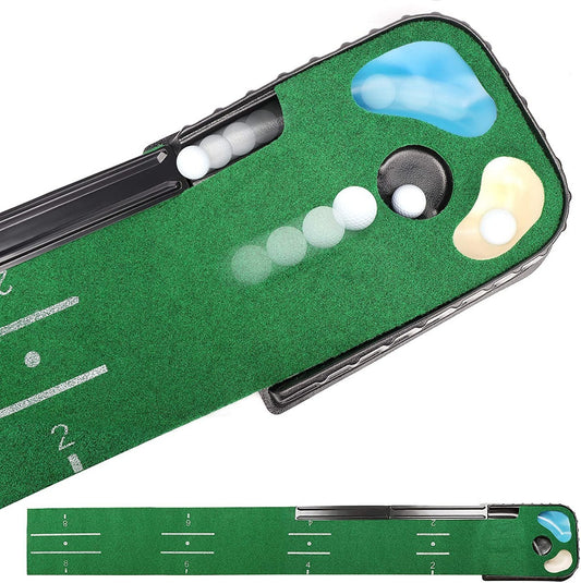 The golf putting mat with water and bunker hazards is dade from high-quality ABS material; non-slip bottom keeps the golf putting mat flat and reduces creasing for a consistent practice surface, Best golf putting mat