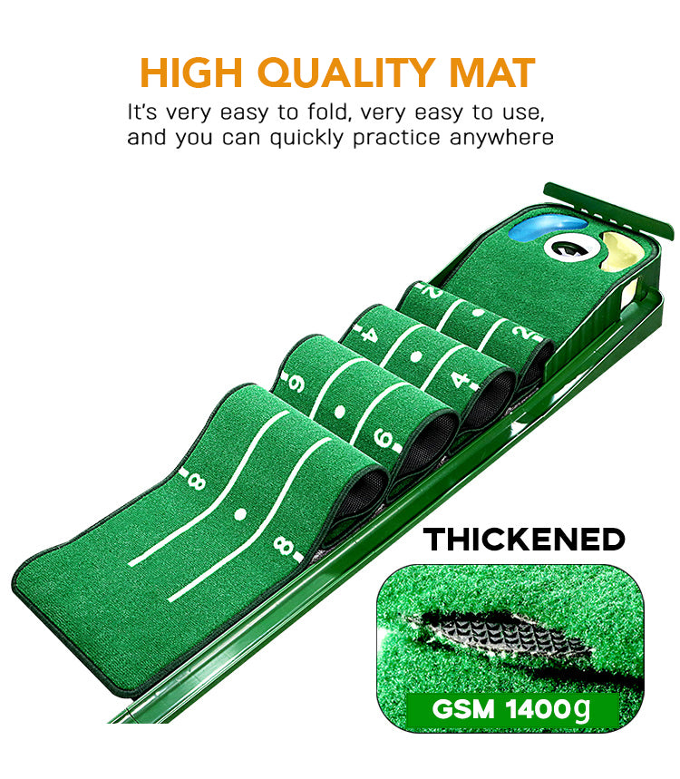 The hazard deluxe putting mat with water and bunker hazards simulates real golf putting greens with an adjustable slope; automatic ball return system ensures uninterrupted practice; includes range markers at 2, 4, 6, and 8 feet to enhance accuracy and control, Best putting mat for golf