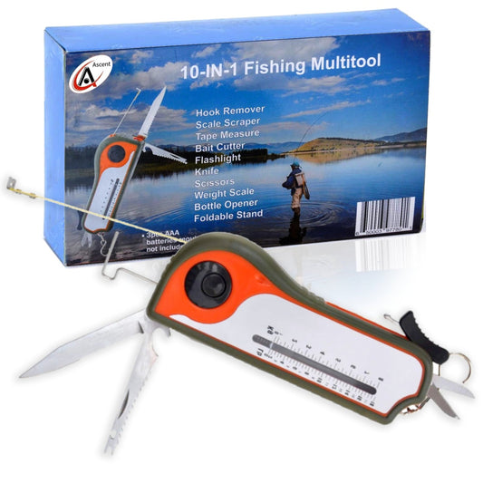 The fishing gift tool includes a Hook Remover, Scale Scraper, Tape Measure, Bait Cutter, Flashlight, Knife, Scissors, Weight Scale, Bottle Opener and Foldable Stand, Best fishing multi tool