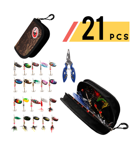 The 21 pcs fishing lures kit includes 20 pcs Spinnerbait Lures and Multi-Functional Pliers and hook remover in a portable pouch with a poly bag cover, Best lures kit