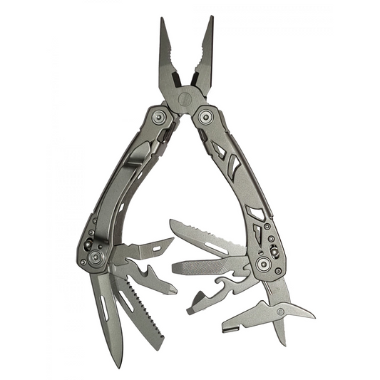 The 12-In-1 pliers multi tool has features such as needle nose pliers, standard pliers, a wire cutter, a knife, a serrated blade, a utility blade, a slotted screwdriver, a Phillips screwdriver, a bottle and can opener, folding scissors, and a measuring tool equipped with a belt clip for quick and easy access, Best handyman pliers multi tool