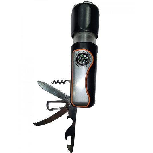 The 11-In-1 camping multi tool features a white LED light, flashlight, camping lantern, corkscrew, carabiner, knife, hand saw, wire stripper, can opener, flathead screwdriver, and compass, Best camping multi tool