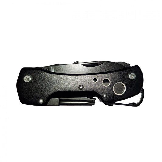 The 12-In-1 knife multi tool features a knife, a serrated blade, a saw, folding scissors, a can opener, a bottle opener, a star screwdriver, a file, a corkscrew, 2 puncture tools and is equipped with a belt clip for quick and easy access, Best knife multi tool