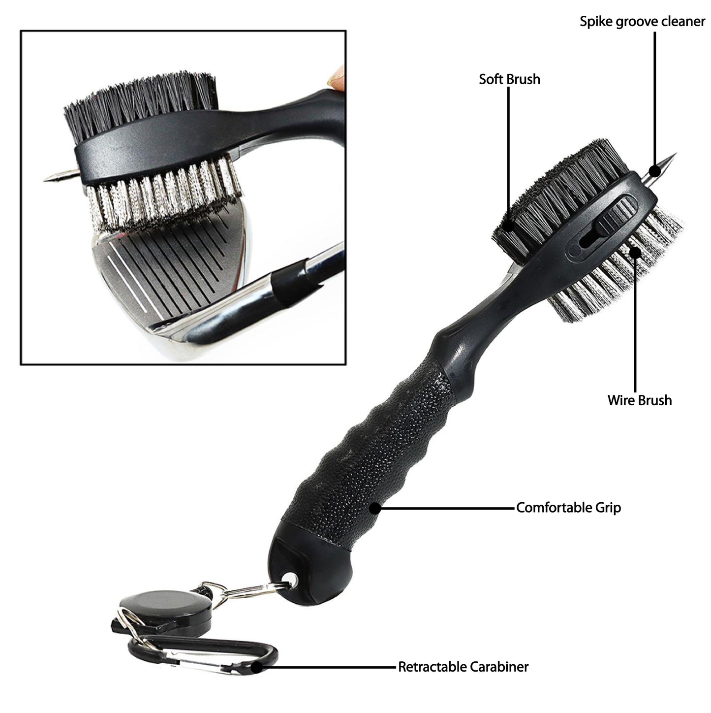 The golf club cleaning brush features a soft brush, wire brush, retractable carabiner and a spike groove cleaner, the perfect all in one golf club cleaning tool, Best golf cleaning tool