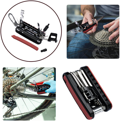 Bike multi tool with display of tools being used to repair a bike, Best bike repair kit