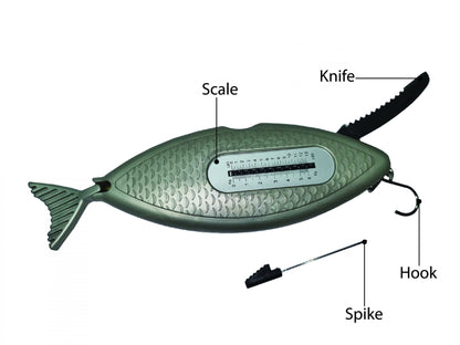 The compact 5-in-1 fishing tool features 5 different tools to support a wide range of fishing tasks and techniques such as a weight scale, a serrated knife, a fish scraper, a 1M tape measure, and a bait inserter, Best fishing multi tool