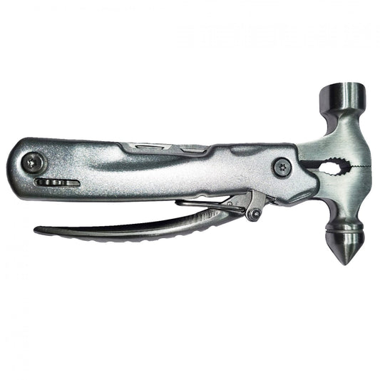 The 12-In-1 hammer multi tool features needle nose pliers, standard pliers, a wire cutter, a window breaker, a hammerhead, a serrated blade, a star screwdriver, a flat head screwdriver, a knife, a bottle opener, a file and a saw, Best multi tool for handyman