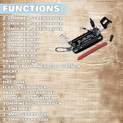 All functions of the 20 in 1 bike multi tool are listed showcasing the versatility, Best versatile bike tool